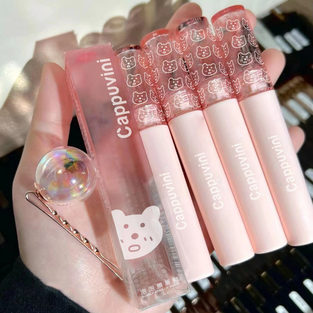 Kapavini bubble bear lip glaze for women mirror water glossy pouty lips moisturizing glass lip whitening lipstick