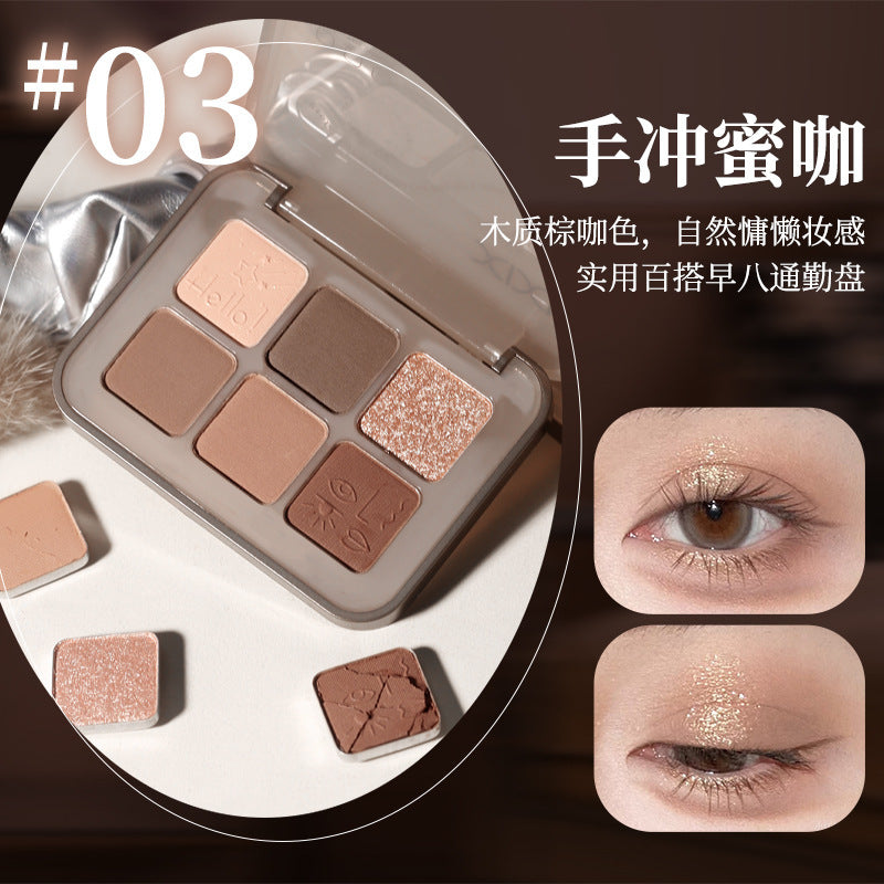 Xixi flower powder mist six-color eyeshadow palette earth milk tea color pearlescent flash matte fall and winter daily gray powder palette