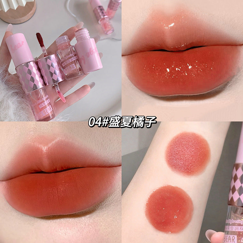 Gege bear velvet mist double-ended lip glaze - matte, shimmer, and glossy lipstick for a flawless, brightening finish