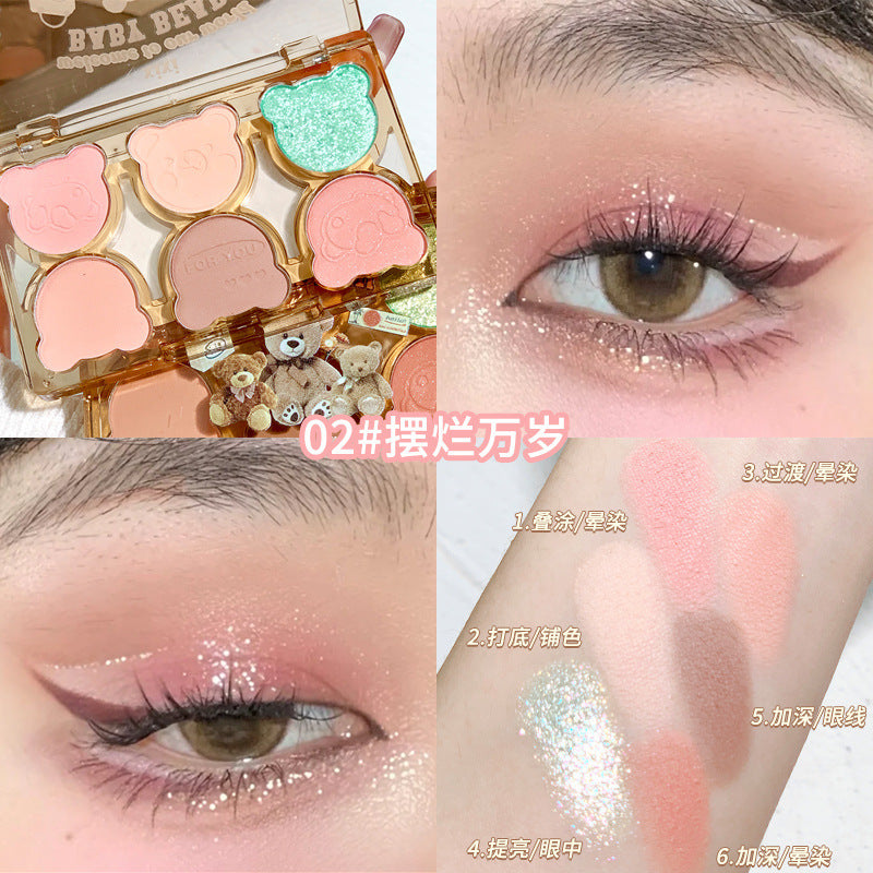 Makeup xixi working bear six-color eyeshadow palette cool diamond pink purple blue contrast color imitation makeup smoky eye makeup