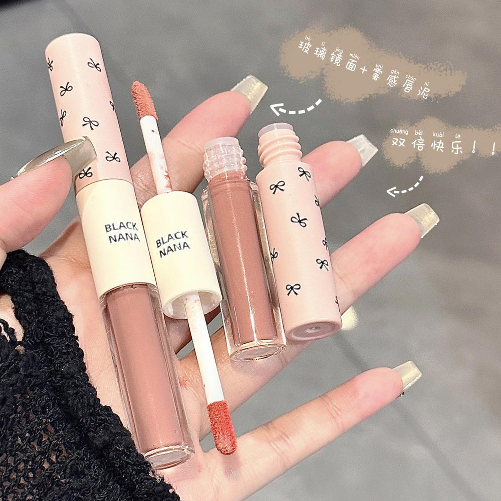 Black nana double-ended lip glaze - pink dew, instant brightening, watery gloss, mirror finish, velvet matte, and creamy lip clay