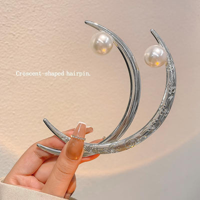 Chinese style crescent moon hairpin, bun head, pearl silver hairpin, classy chinese ancient style crescent moon hairpin, headdress