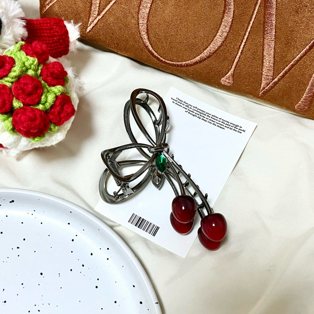 Korean sweet cherry bow hair claw clip - fresh & chic hair styling clip - minimalist & elegant hair accessories for women