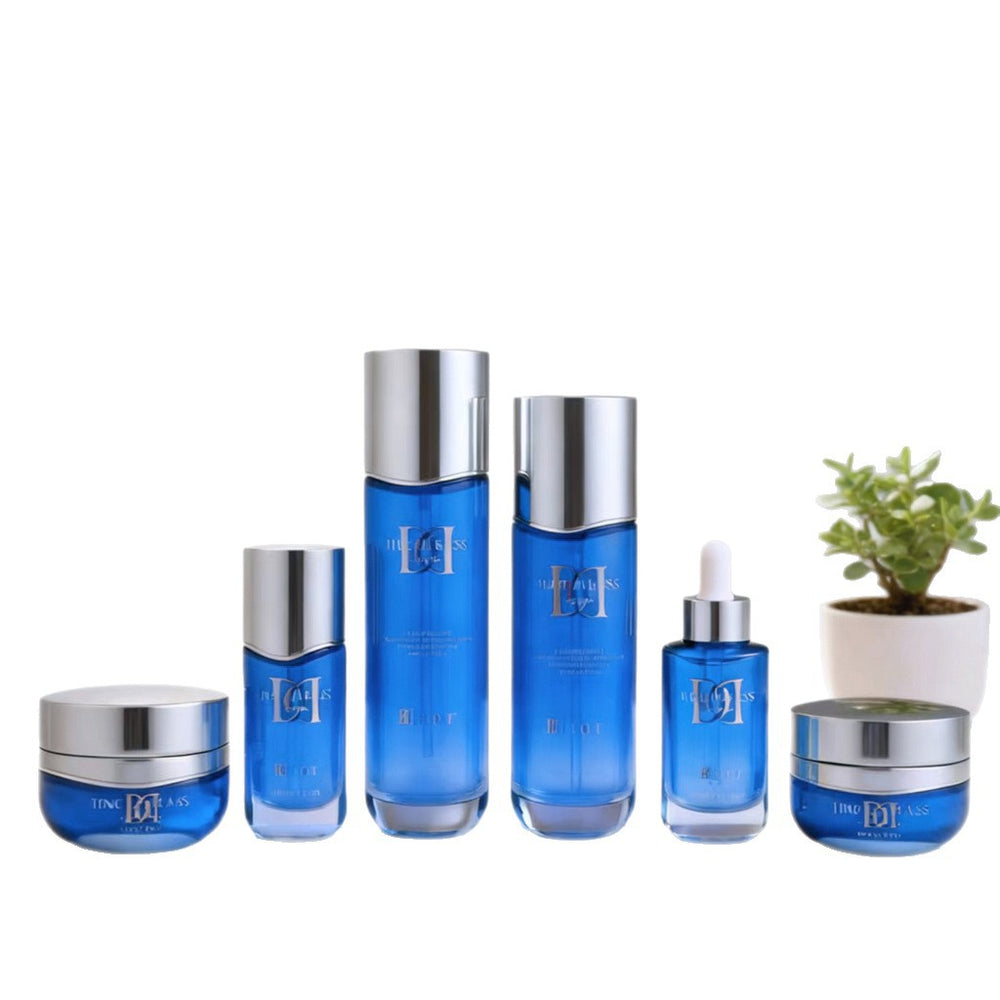 Custom cosmetic glass bottle set packaging: 120ml lotion & serum sample glass bottles, 50g cream jars