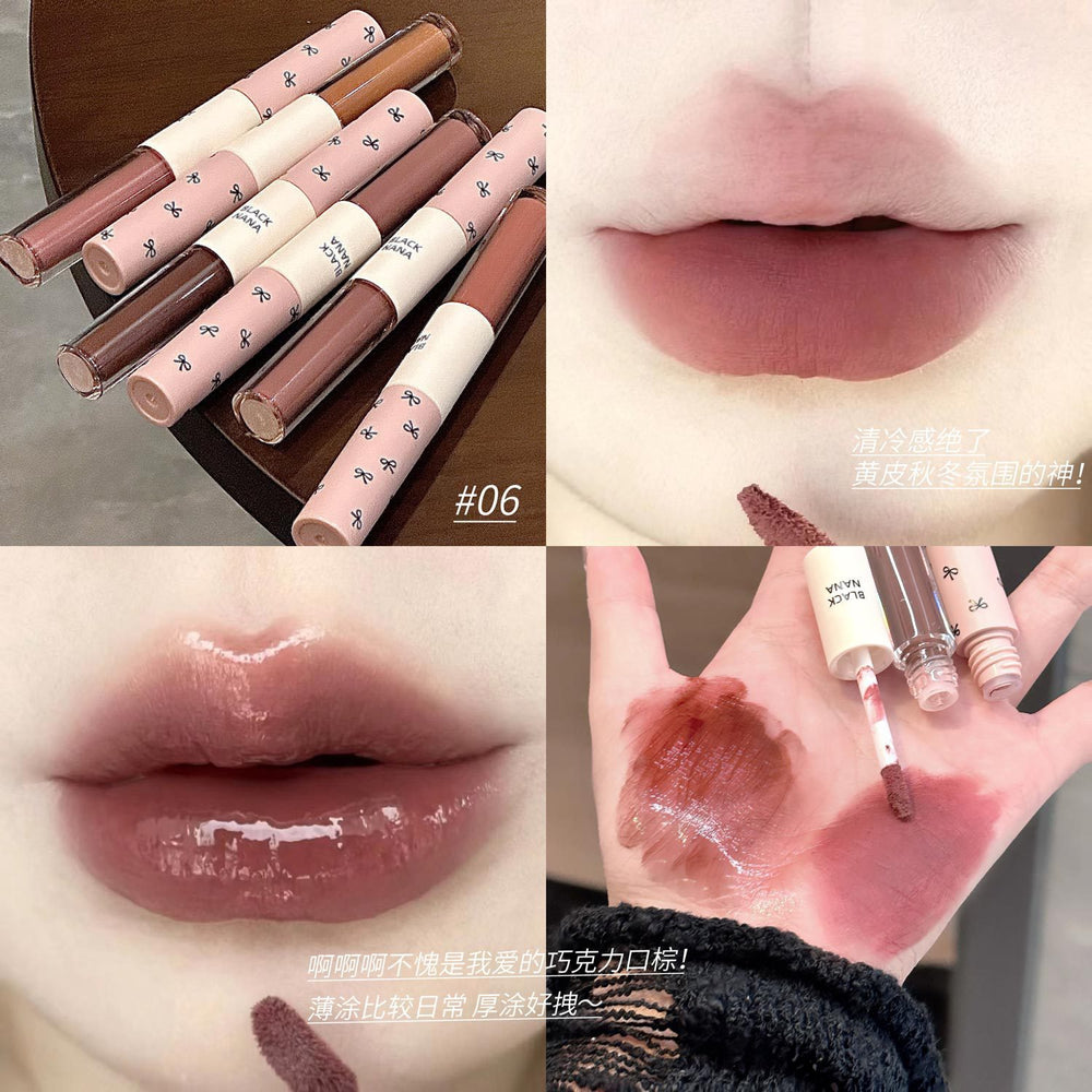 Black nana double-ended lip glaze - pink dew, instant brightening, watery gloss, mirror finish, velvet matte, and creamy lip clay