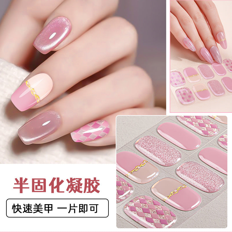 Zhengxiang cross-border gel manicure stickers cartoon cute waterproofgrids pattern flash japanese and korean uv half-baked nail stickers ins