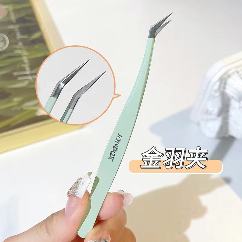 Jonbos false eyelash tweezers - eyelash extension tweezers for beginners - gold feather tip - professional lash technician tool