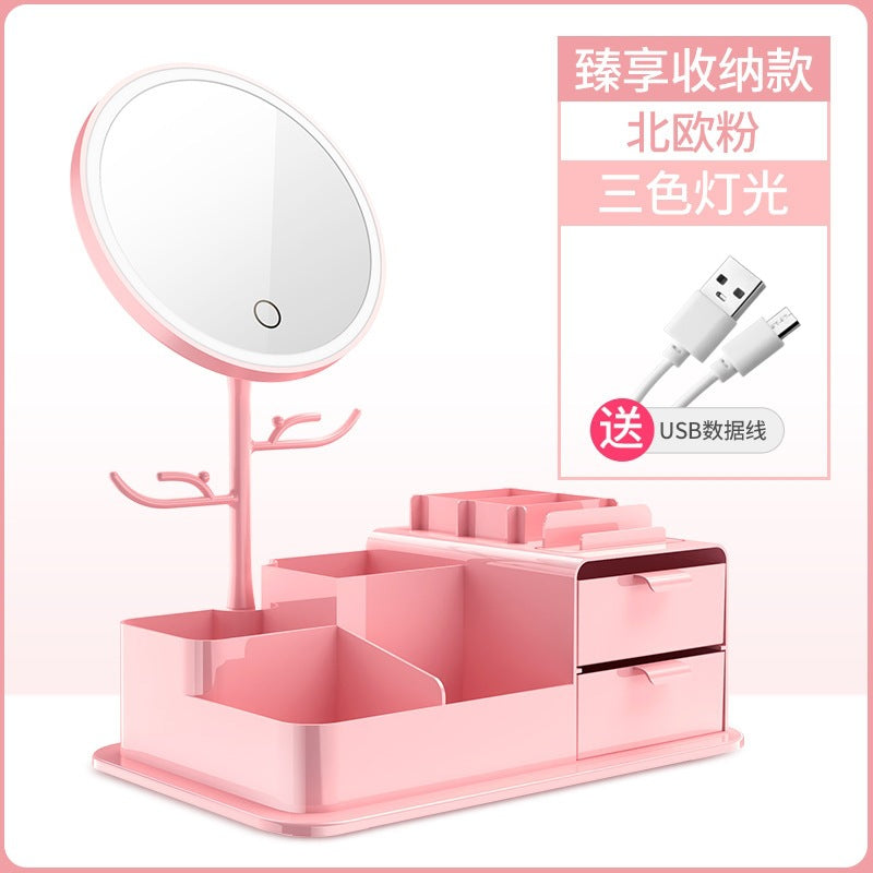 Led lighted makeup mirror, tri-color dimming, usb rechargeable, rotatable storage, girly plastic home glass mirror