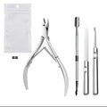 Silver cuticle nippers + steel pusher + nail file + cuticle fork + white pearlescent bag