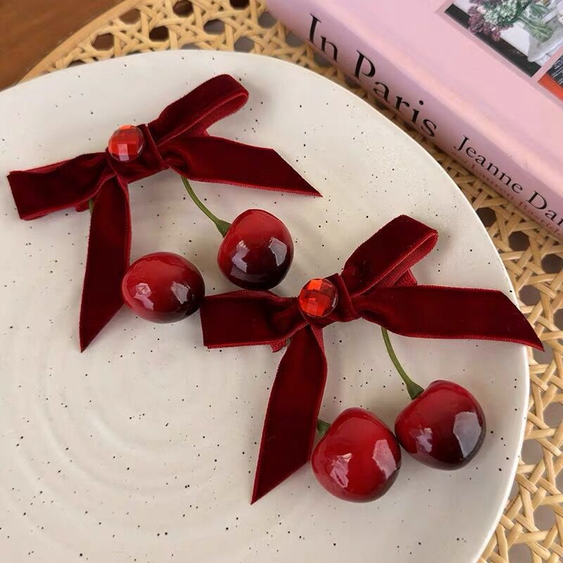 Artificial cherry velvet bow hair clip cute new versatile sweet rhinestone elegant side girl bangs clip