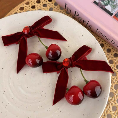 Artificial cherry velvet bow hair clip cute new versatile sweet rhinestone elegant side girl bangs clip