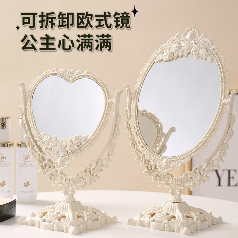 European retro double-sided mirror - dorm room, desktop, princess mirror, tabletop mirror with plastic storage - home makeup mirror, household mirror