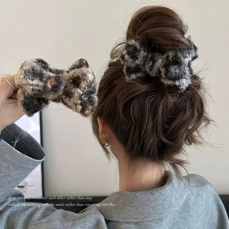 Korean style leopard print bow hair clip for autumn/winter - ponytail holder, bun maker, knitted wool hair accessory, hair clip for women