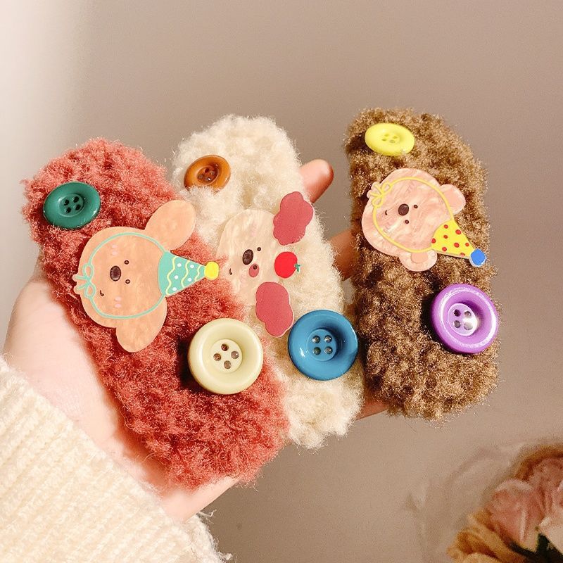 Cute plush button brown bear hair clip - girly heart bangs side clip - cartoon snap hair clip - hair accessories