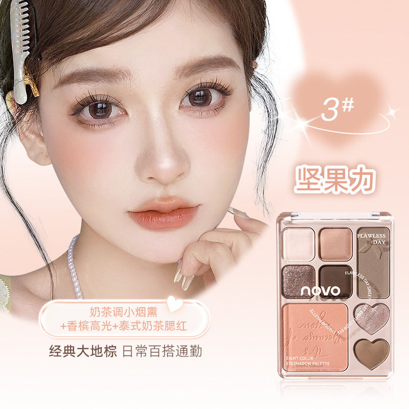 Novo casual day sweetheart eight-color eyeshadow palette - all-in-one eyeshadow, highlighter, and blush palette for everyday light makeup - earth tone eyeshadow