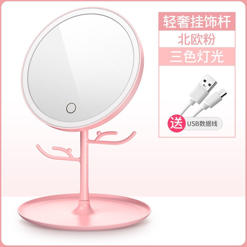 Led lighted makeup mirror, tri-color dimming, usb rechargeable, rotatable storage, girly plastic home glass mirror