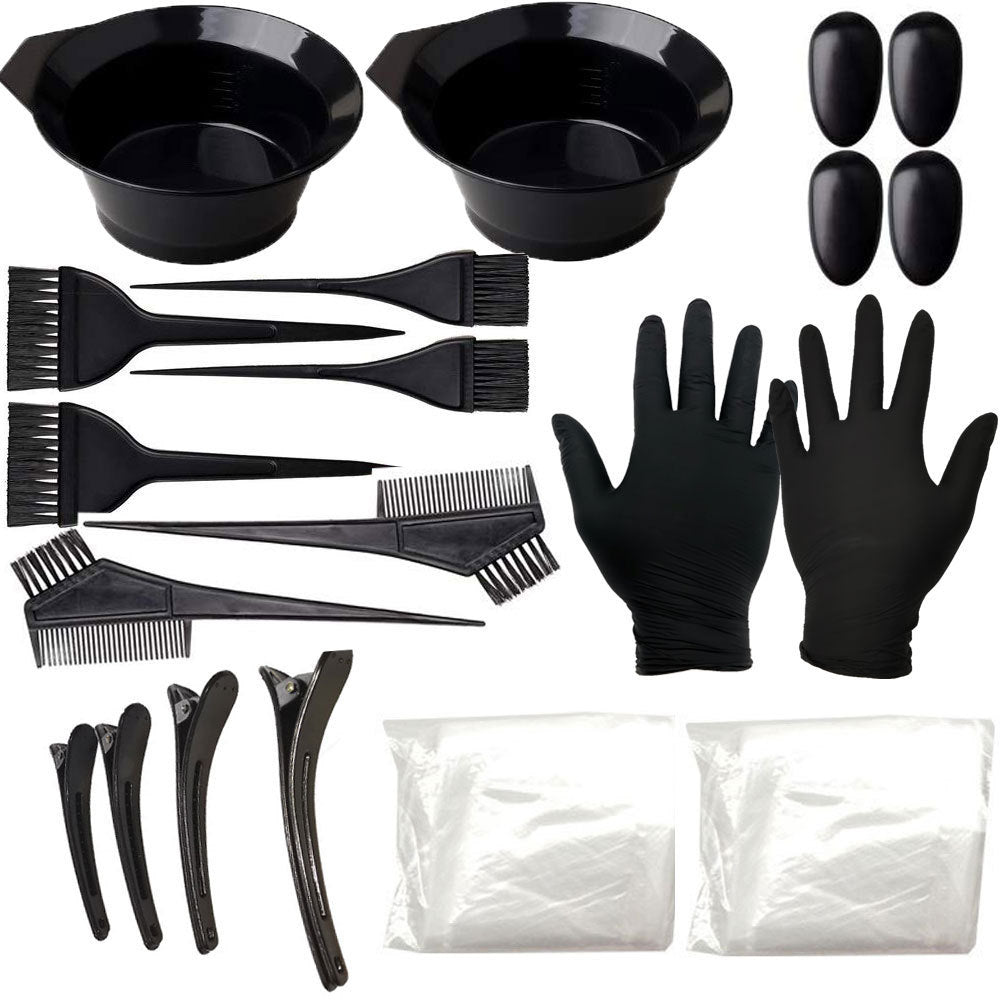 22-piece hair dye kit: includes hairdressing comb, brush, disposable shower cap, latex gloves, dye bowl, and styling tools for perming and coloring
