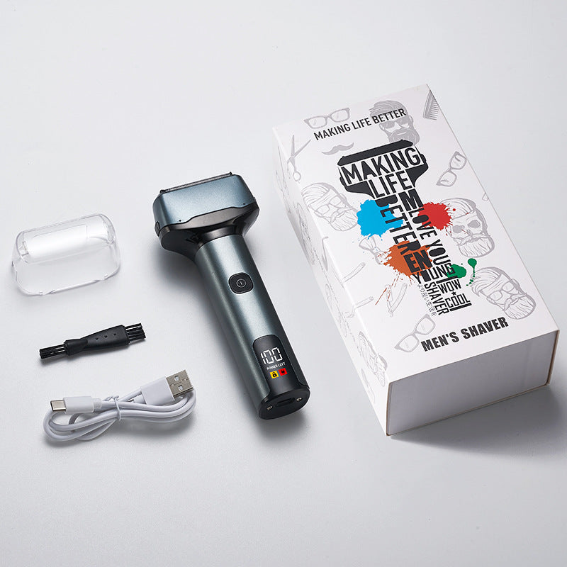 Portable reciprocating shaver with triple blades, full body washable electric razor, mini digital display for sideburns and beard trimming