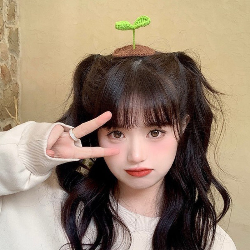 Wholesale mini grass bean sprout green leaf hair clips - knitted yarn 3d cute creative bangs funny hair clips bb clips for women