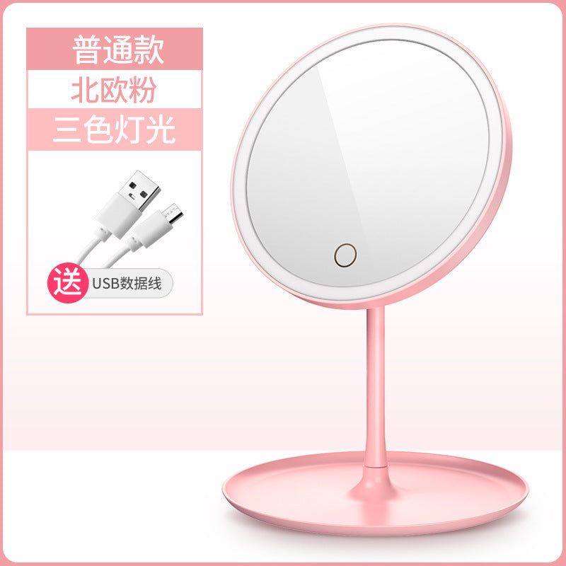 Led lighted makeup mirror, tri-color dimming, usb rechargeable, rotatable storage, girly plastic home glass mirror