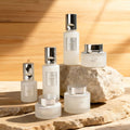 Customizable 120ml skincare set bottles - striped glass pump bottles for lotion and serum - direct from the manufacturer