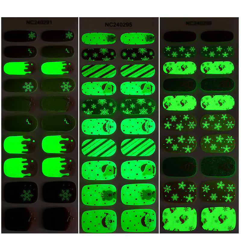 Zhengxiang christmas gel nail art stickers waterproof cartoon fluorescent cross-border fashionuv semi-cured nail stickers luminous
