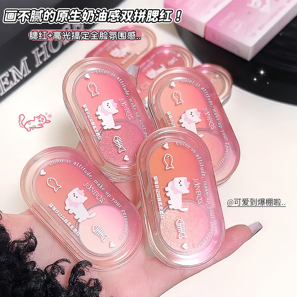 Jonbos cat diary cheek highlighter blush palette - all-in-one, fine shimmer, high-shine, waterproof, dual-color contouring palette for women