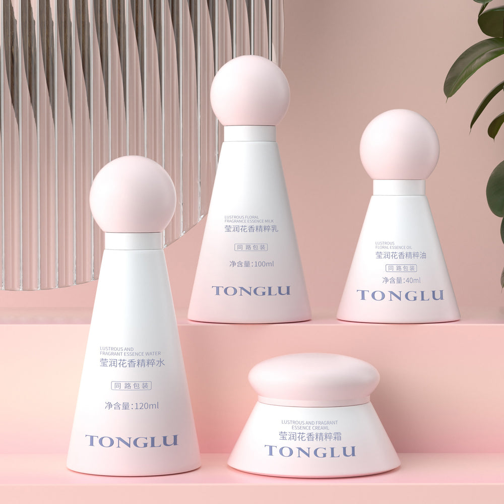 Custom cosmetic glass bottle set packaging: 120ml pump lotion & serum dispenser bottles, 50g cream jars