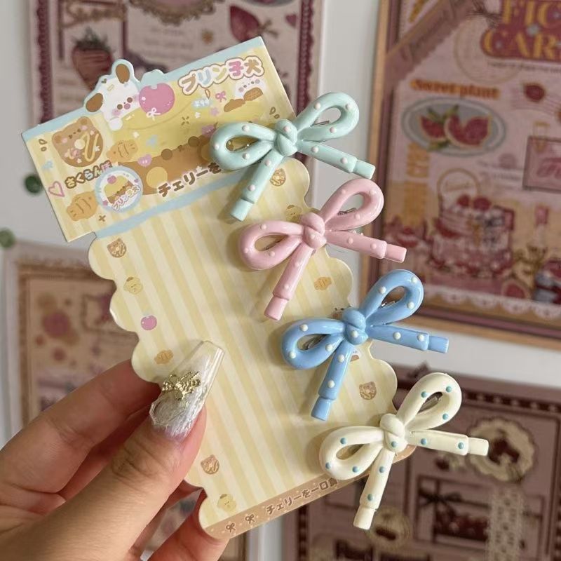 Cute milk blue polka dot bow hair clip bangs clip broken hair side clip girl forehead duckbill clip hair clip