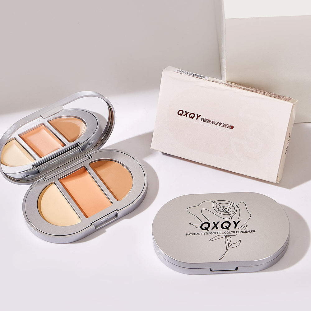 Qxqy natural fit tri-color concealer - glides on smoothly, brightens, covers blemishes, dark circles, and tear troughs - beginner-friendly concealer palette