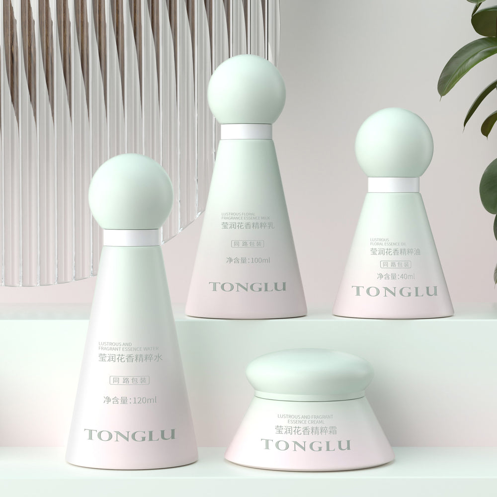 Ready-to-ship cosmetic glass bottle set packaging, including 120ml lotion/serum glass bottles and 50g cream/jar dispensing containers