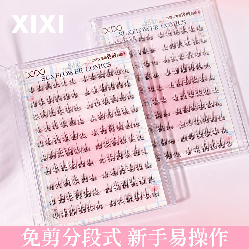 Xixi sunflower comic glue-free false eyelashes, 10 rows, large capacity, natural simulation, individual cluster segmented eyelashes