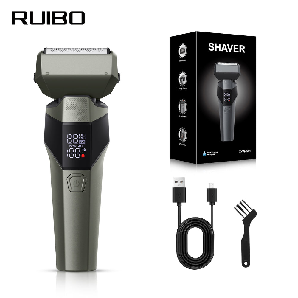 Two-speed electric beard trimmer, fully washable shaver, reciprocating five-blade head, high-power razor for a super clean shave