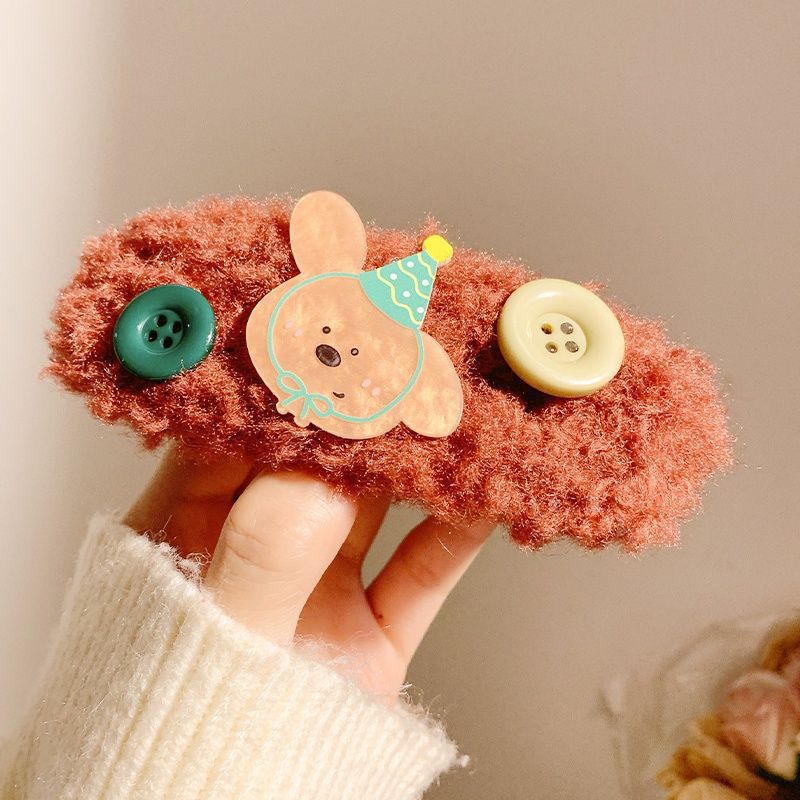 Cute plush button brown bear hair clip - girly heart bangs side clip - cartoon snap hair clip - hair accessories