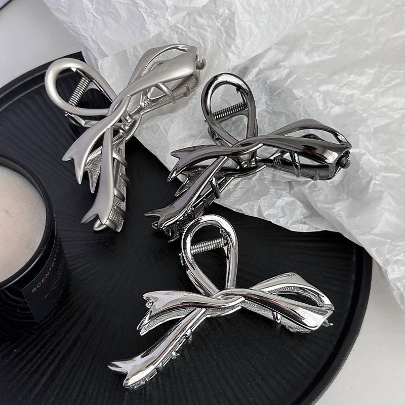 Sense of design ribbon bows hairpin female ins cold style hair volume large size gripper metal shark clip hair accessories