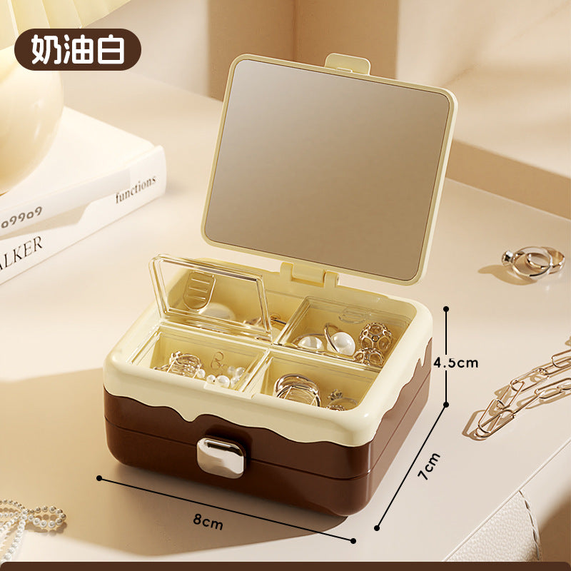 Portable jewelry box mirror organizer - plastic mini home storage jewelry case with glass mirror