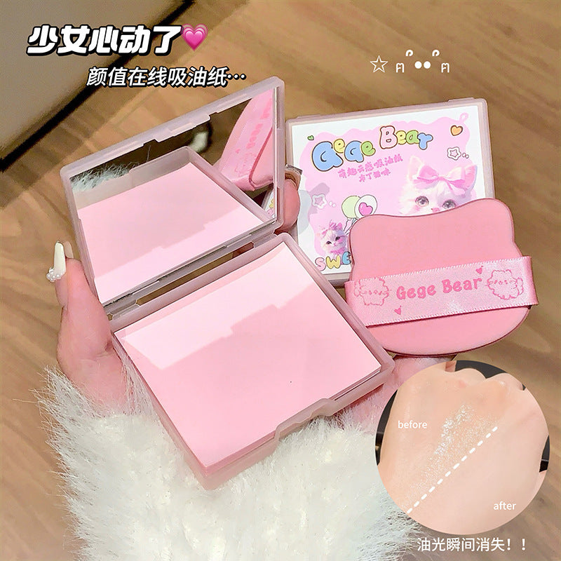 Gege bear cute cloud facial oil-absorbing sheets with built-in puff and makeup mirror - oil control, refreshing, portable for students