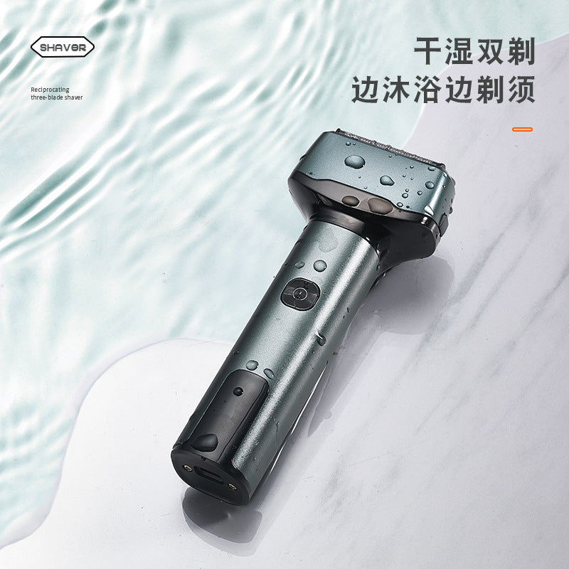 Portable reciprocating shaver with triple blades, full body washable electric razor, mini digital display for sideburns and beard trimming