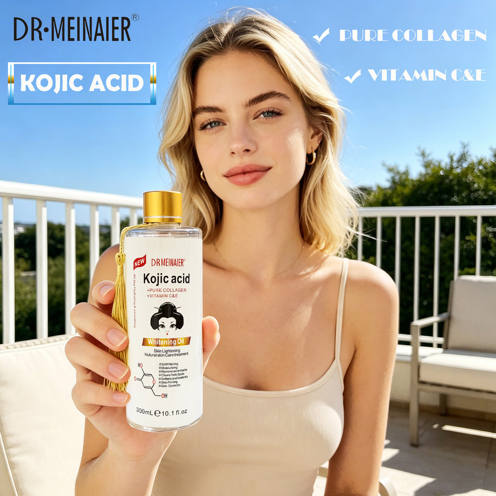kojic acid essence oil 300ml with collagen, vitamin c & a - facial, body, hair, and skin care brightening massage oil