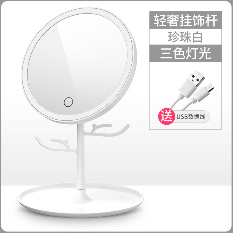 Led lighted makeup mirror, tri-color dimming, usb rechargeable, rotatable storage, girly plastic home glass mirror