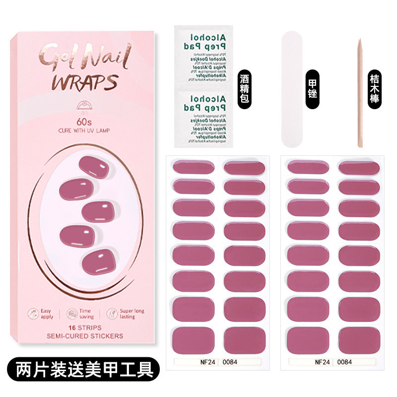 Zhengxiang custom gel nail stickers solid color 32 fingers two-piece set korean uv light semi-cured nail stickers waterproof