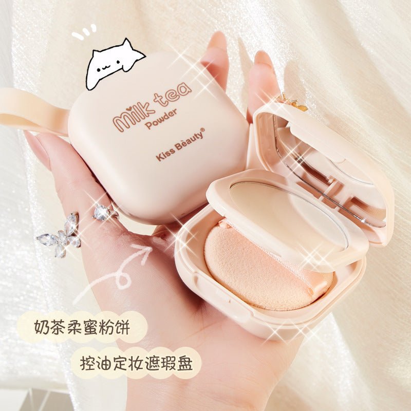Kiss beauty milk tea soft powder cake, delicate and compliant, invisible pores, concealer, oil control, waterproof, makeup setting powder