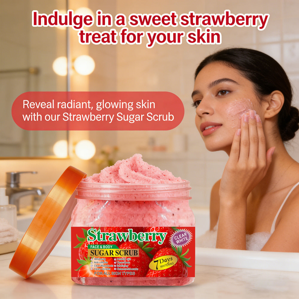 strawberry scrub 650g - 7-day brightening body & face exfoliator for all-over cleansing and improving keratosis pilaris (chicken skin)