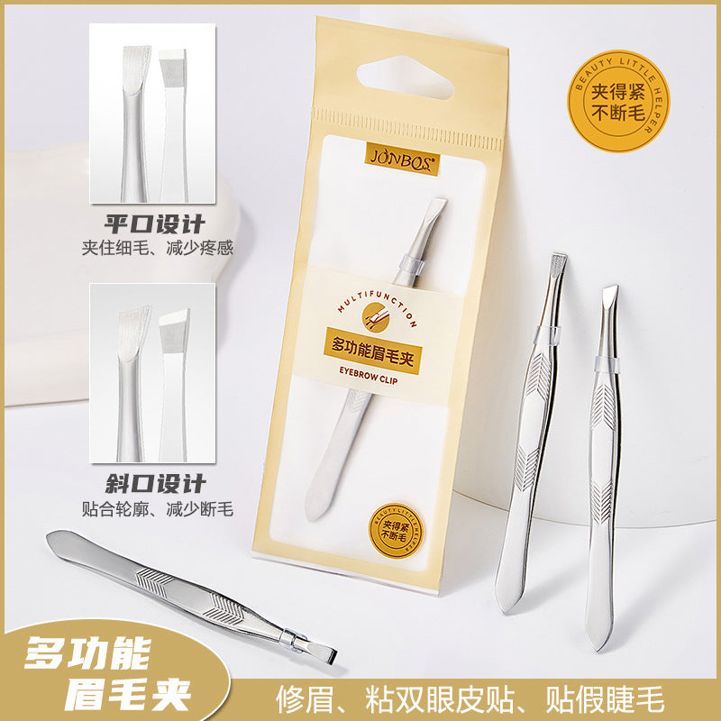 Jonbos stainless steel eyebrow tweezers - straight & slanted tip - eyebrow shaping, hair removal, false eyelash applicator, makeup tool