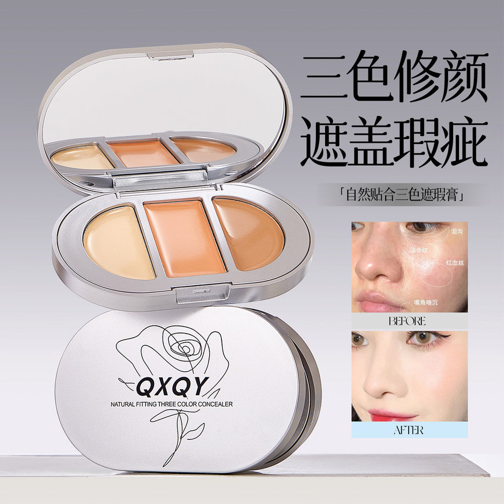 Qxqy natural fit tri-color concealer - glides on smoothly, brightens, covers blemishes, dark circles, and tear troughs - beginner-friendly concealer palette