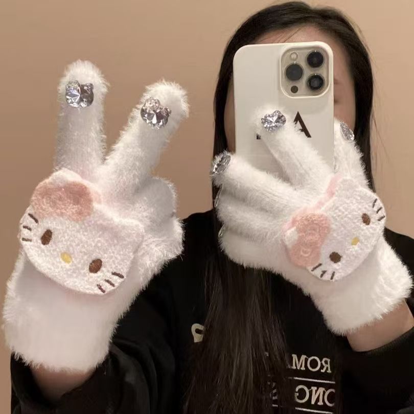 New cartoon cat diamond yarn gloves - windproof, cold-proof, warm kids' gloves - matching family plush knit finger gloves