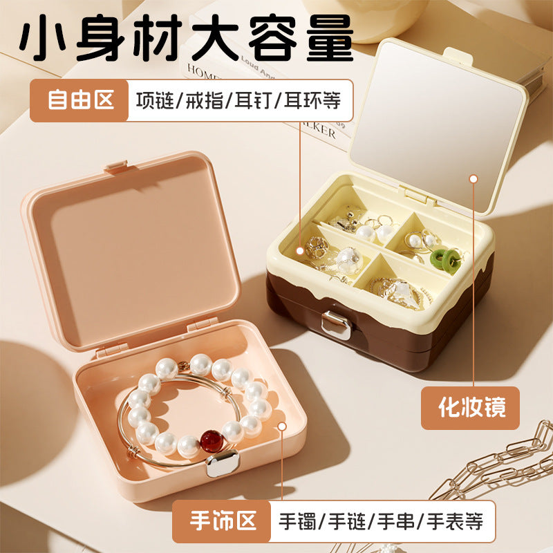 Portable jewelry box mirror organizer - plastic mini home storage jewelry case with glass mirror
