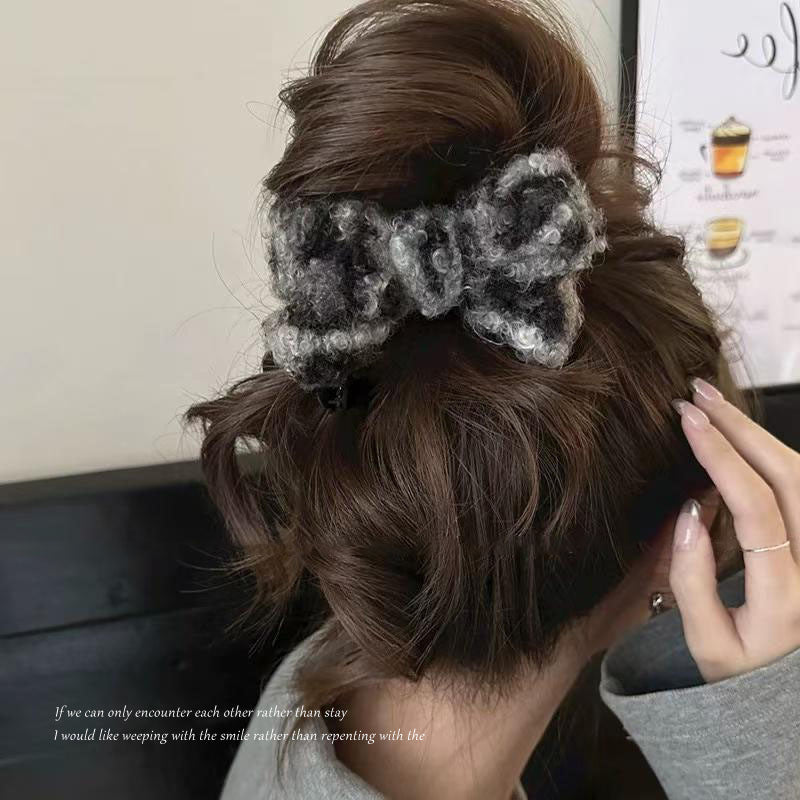 Korean style leopard print bow hair clip for autumn/winter - ponytail holder, bun maker, knitted wool hair accessory, hair clip for women