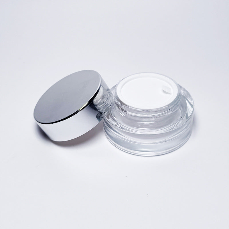 Ready-to-ship cosmetic cream jars, 50g frosted glass bottles with electroplated lids, available in square, round, and transparent wide-mouth styles