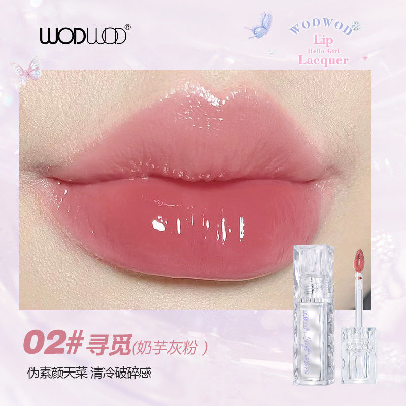 Wodwod mirror light water-permeable color-locking lip glaze clear water-gloss mirror quick-drying film-forming not easy to stick to the cup gray pink lipstick